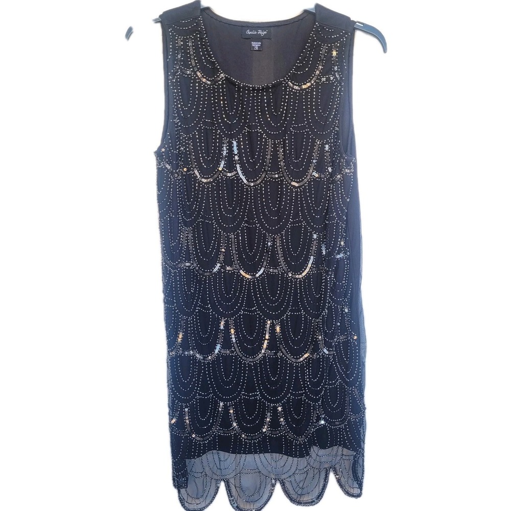 Black Beaded Party Dress L Embellished Sleeveless Mesh Flapper Gatsby 1920s